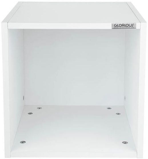 White Glorious Record Box 110 DJ table with sturdy design and ample storage for vinyl records and DJ equipment.