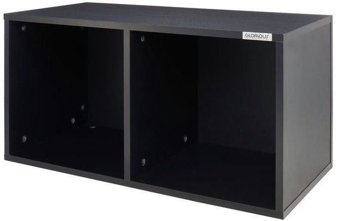 Glorious Record Box 230 DJ table with sturdy wooden surface and black metal frame, designed for vinyl record storage and DJ setup.