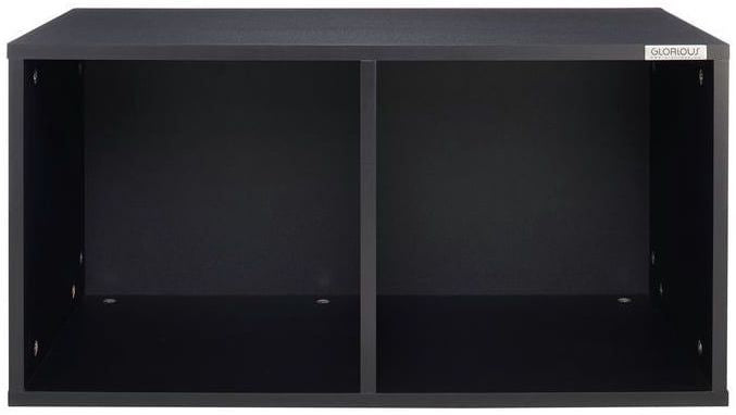 Glorious Record Box 230 DJ table and furniture, black with sturdy metal frame and spacious surface for vinyl records and DJ equipment.