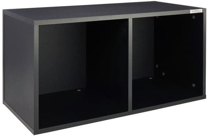 Glorious Record Box 230 DJ table with sturdy wooden surface and metal frame, designed for safe vinyl record storage and DJ setups.