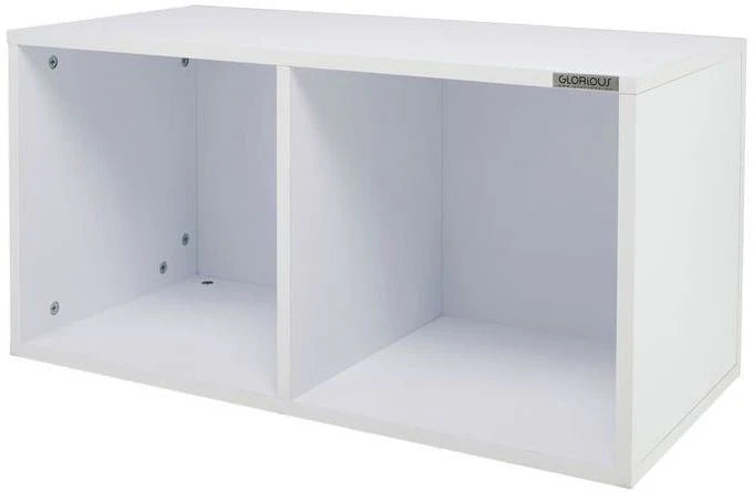 White Glorious Record Box 230 DJ table with sturdy construction and sleek design, ideal for organizing and displaying vinyl records.