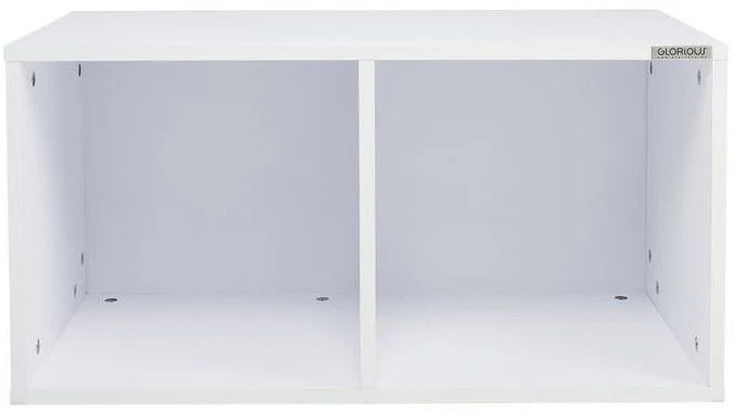 Glorious Record Box 230 DJ table and furniture, white finish, sturdy design with space for vinyl records and DJ equipment.