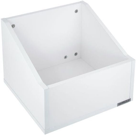 White Glorious Record Box Advanced 110 DJ table with storage compartments and sturdy construction, ideal for vinyl record setup.