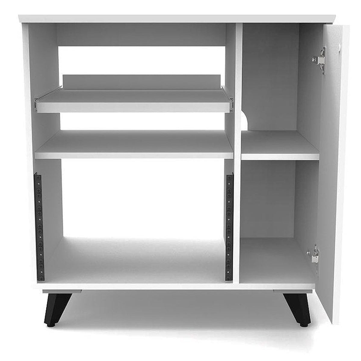 Glorious modular side rack for DJ tables and furniture, featuring a sleek black design with multiple adjustable shelves.