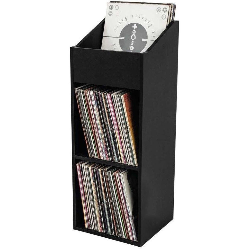 Glorious Record Rack 330 DJ table with multiple shelves for vinyl storage, sturdy black metal frame, and sleek design.