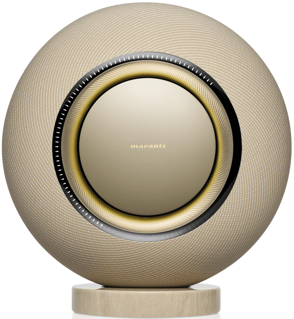 Marantz Horizon Grand wireless speakers in champagne finish with sleek modern design and premium audio components.