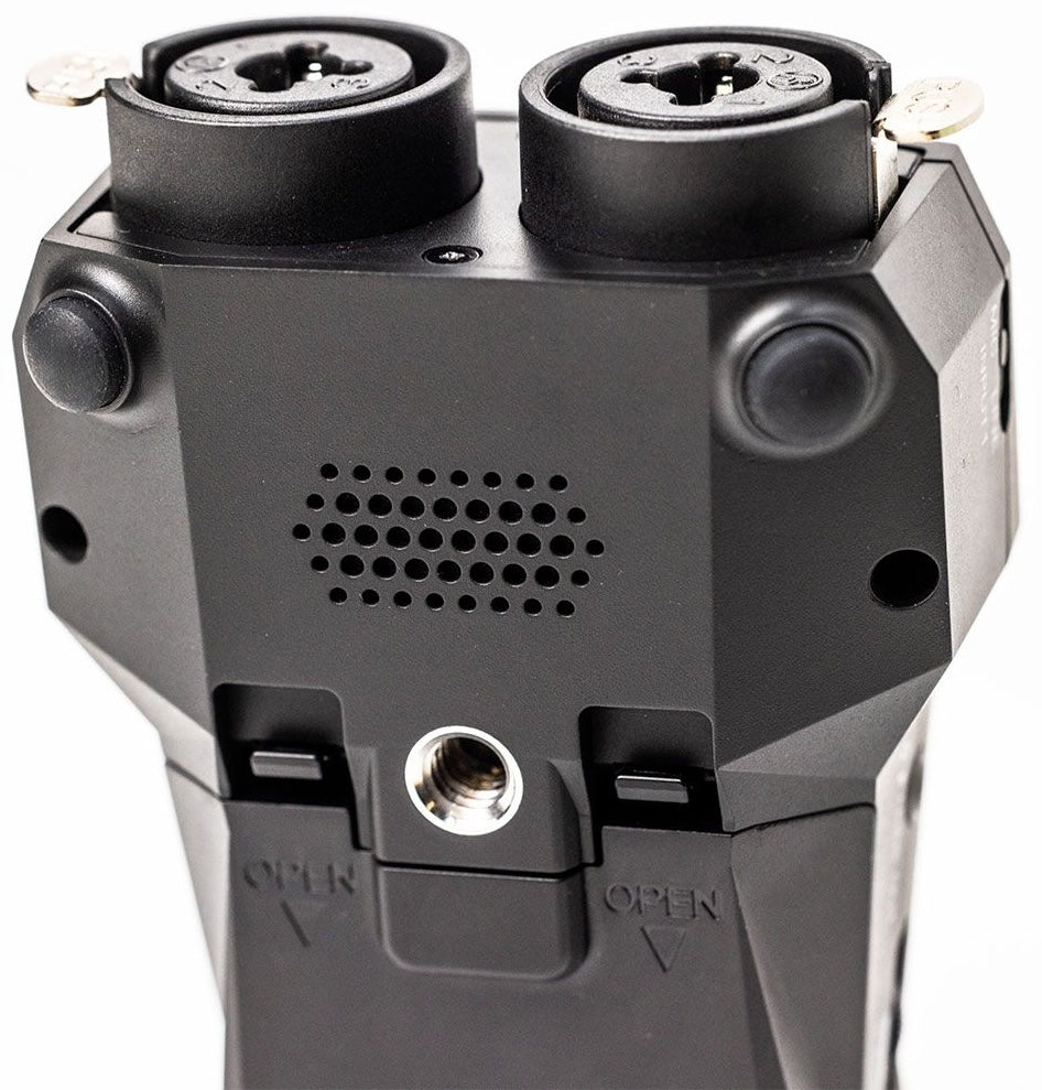 Zoom H1 XLR digital recorder with XLR input and compact design, shown with controls and built-in microphone.