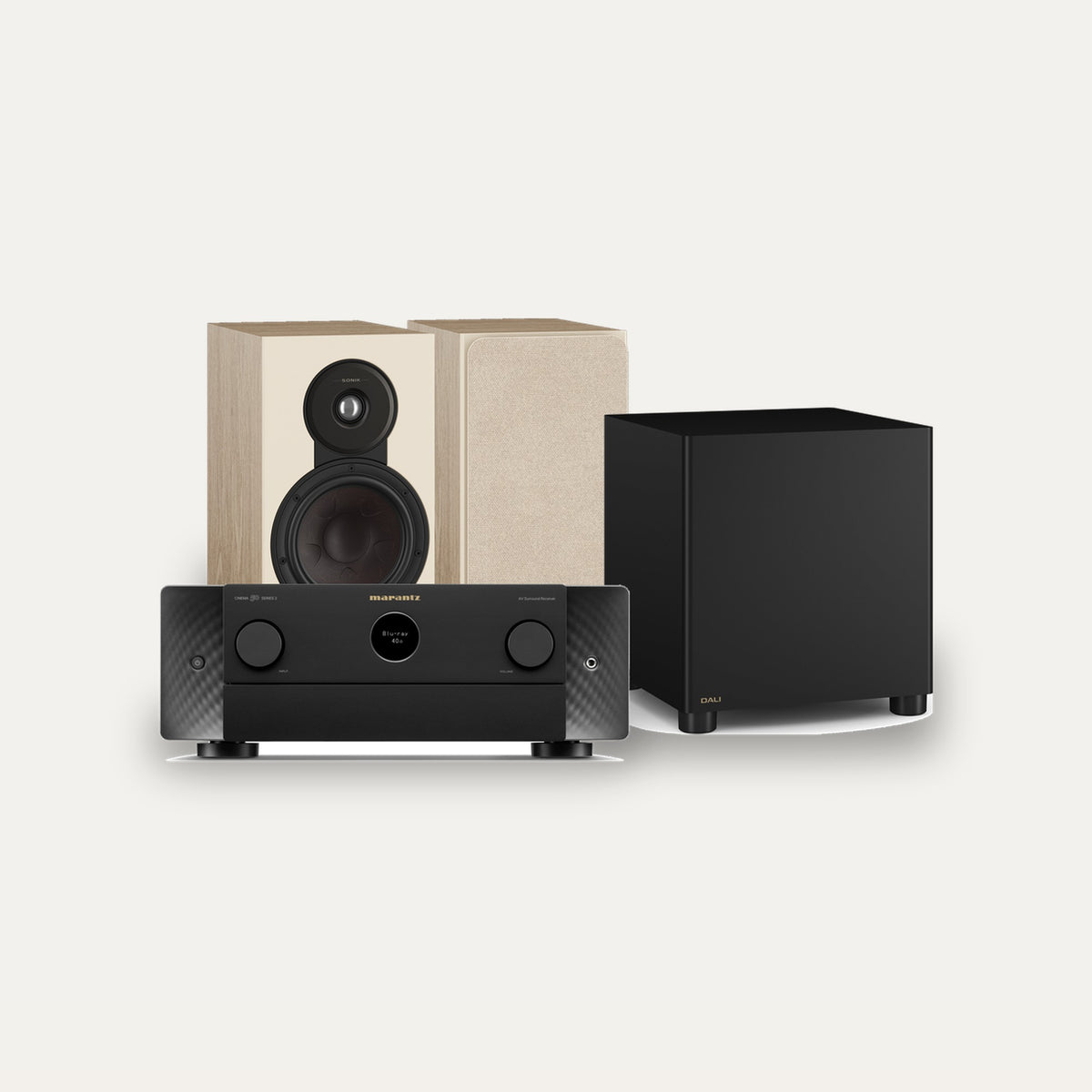 Marantz CINEMA 50 Series 2 + Dali Sonik 3 + Basik Sub 2.1 Cinema Set – Receiver Finish Black, Speaker Finish Natural Oak