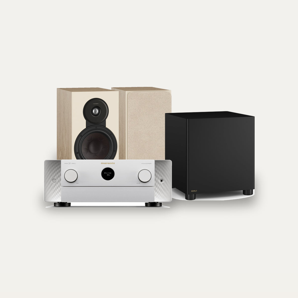 Marantz CINEMA 50 Series 2 + Dali Sonik 3 + Basik Sub 2.1 Cinema Set – Receiver Finish Silver Gold, Speaker Finish Natural Oak