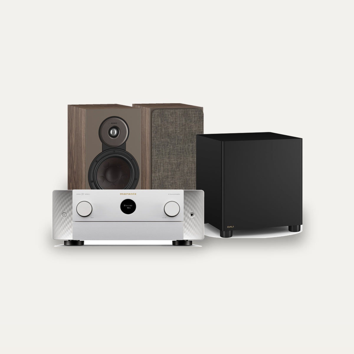 Marantz CINEMA 50 Series 2 + Dali Sonik 3 + Basik Sub 2.1 Cinema Set – Receiver Finish Silver Gold, Speaker Finish Walnut