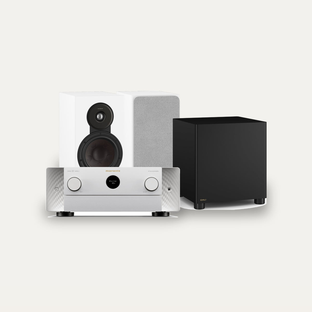 Marantz CINEMA 50 Series 2 + Dali Sonik 3 + Basik Sub 2.1 Cinema Set – Receiver Finish Silver Gold, Speaker Finish White