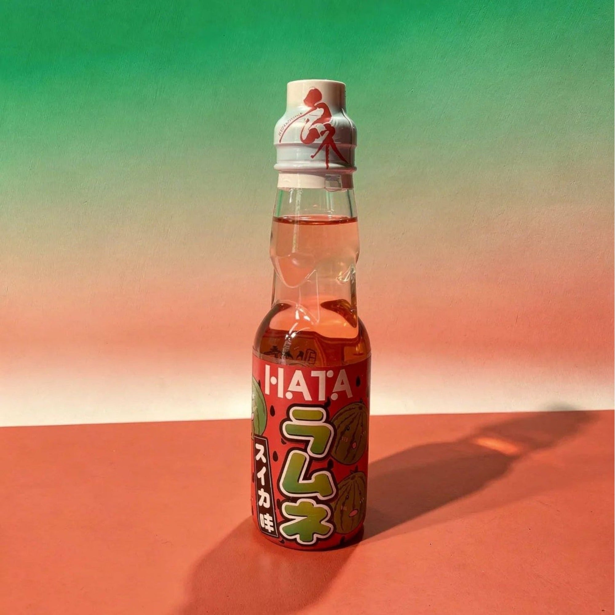 Hatakosen Ramune Watermelon Sparkling Drink 200ml lemonade bottle with colorful label and watermelon flavor design.