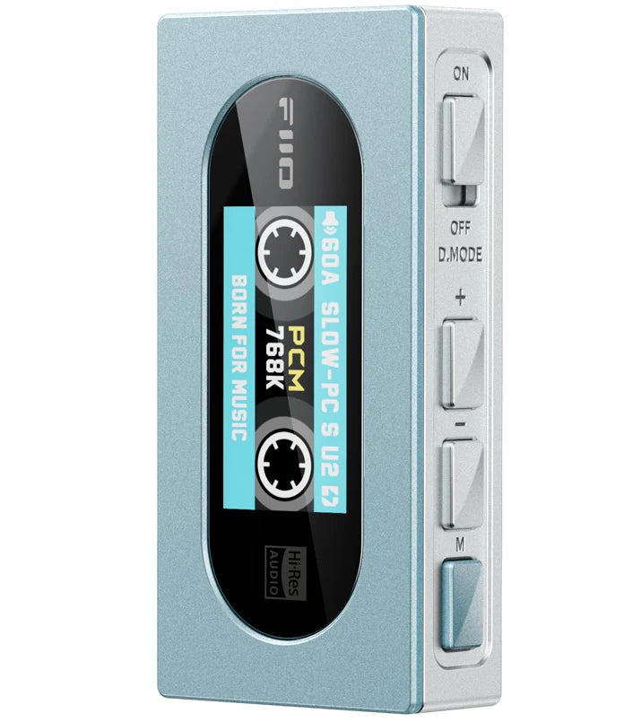 FiiO KA15 headphone amplifier and DAC with sleek black design, compact build, and control knobs on top.
