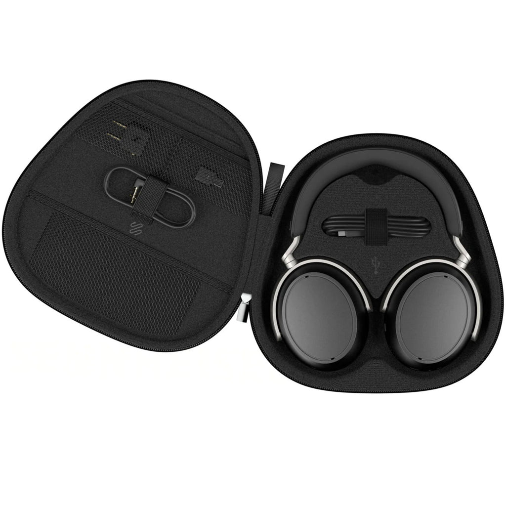Open case of Sennheiser HDB 630 wireless headphones showing the sleek black design and ear cups inside the protective case.