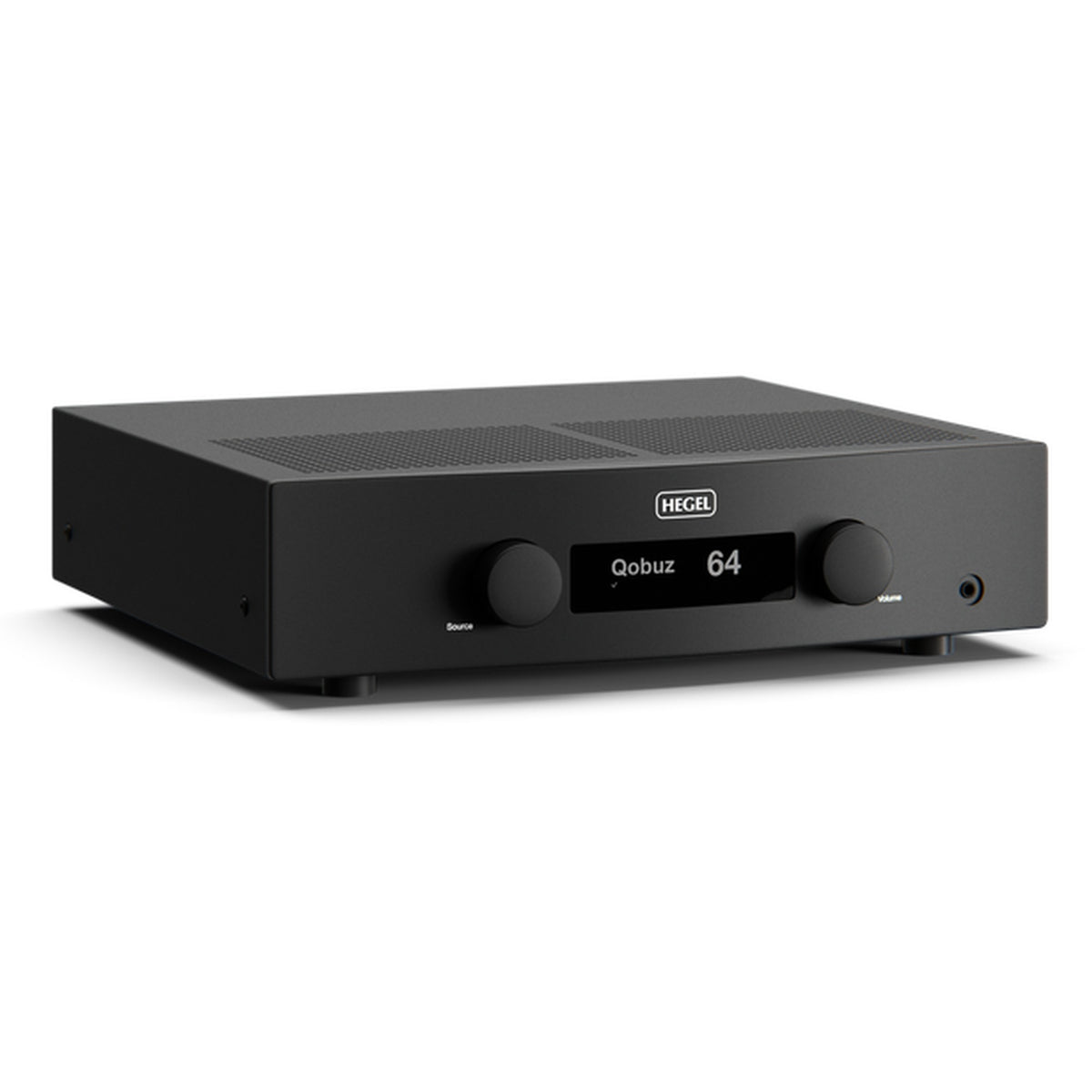 Hegel H200 streaming integrated amplifier in black, front panel with source and volume controls and OLED display