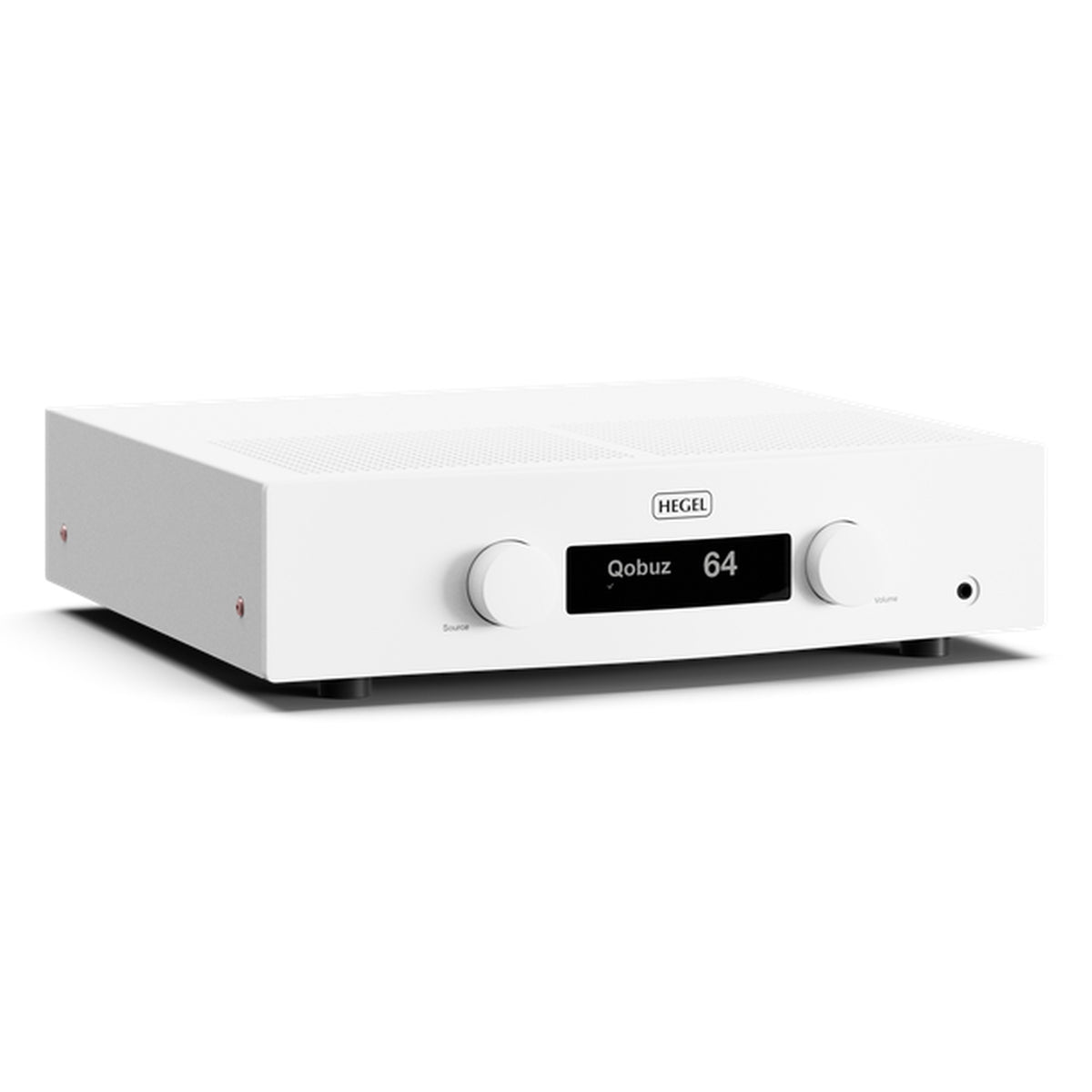 Hegel H200 integrated amplifier in white finish, front panel detail with HEGEL logo and display