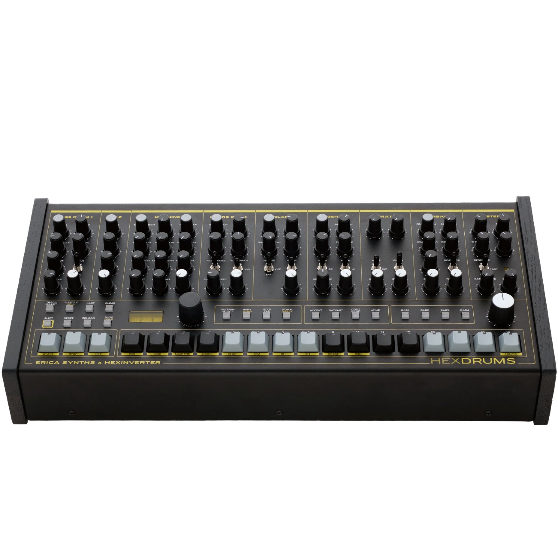 Erica Synths Hexdrums drum machine with colorful pads and sleek design, showcasing its innovative sampler features.