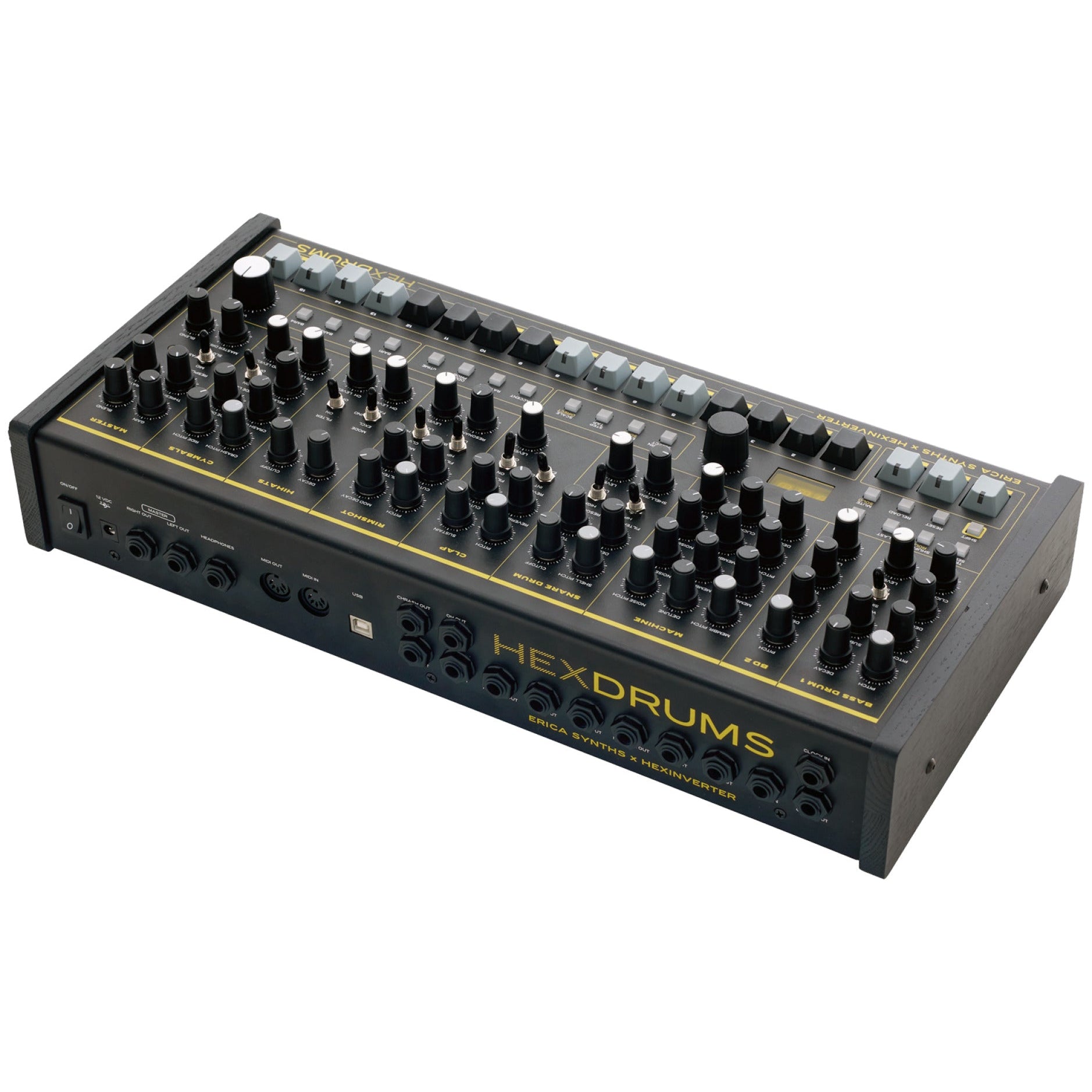 Erica Synths Hexdrums drum machine featuring colorful pads and a sleek design for creative sampling and rhythm production.