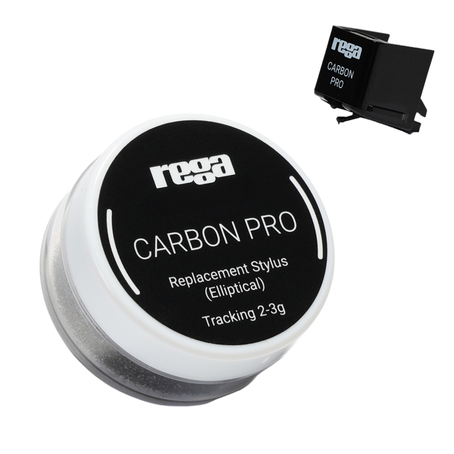 Rega Carbon Pro turntable stylus with black needle tip and cartridge mounted on tonearm for high-quality vinyl playback.