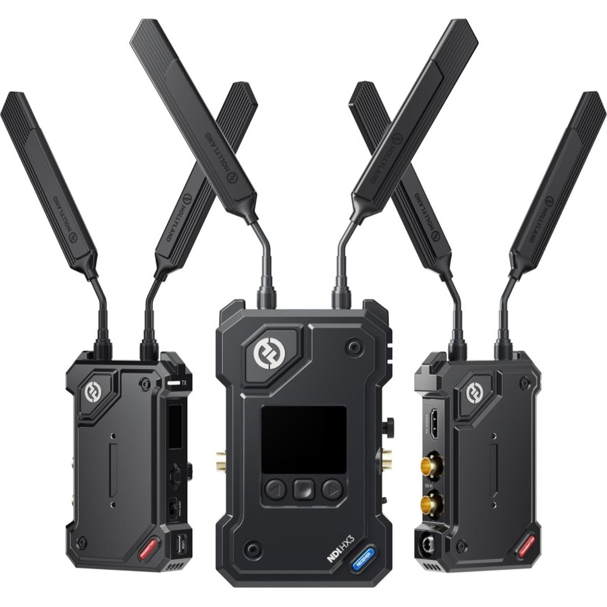 Hollyland Cosmo C2 wireless video transmission system with 2 transmitters and 1 receiver, professional video equipment for wireless streaming.