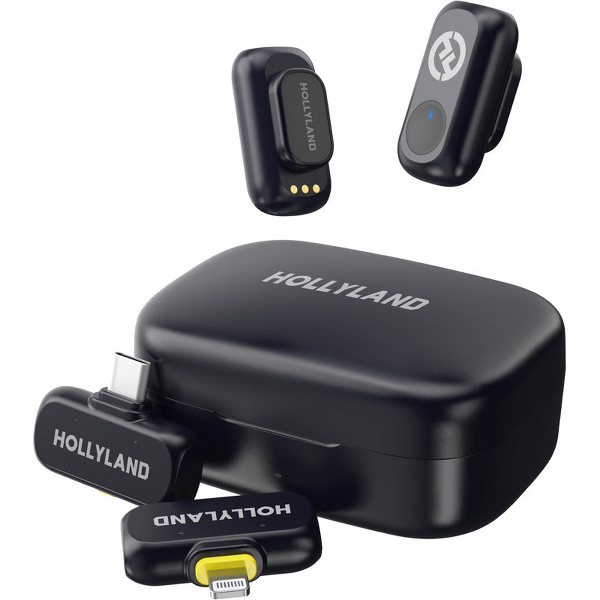 Hollyland Lark A1 Combo creator wireless microphone system with compact transmitters and receiver for high-quality audio.