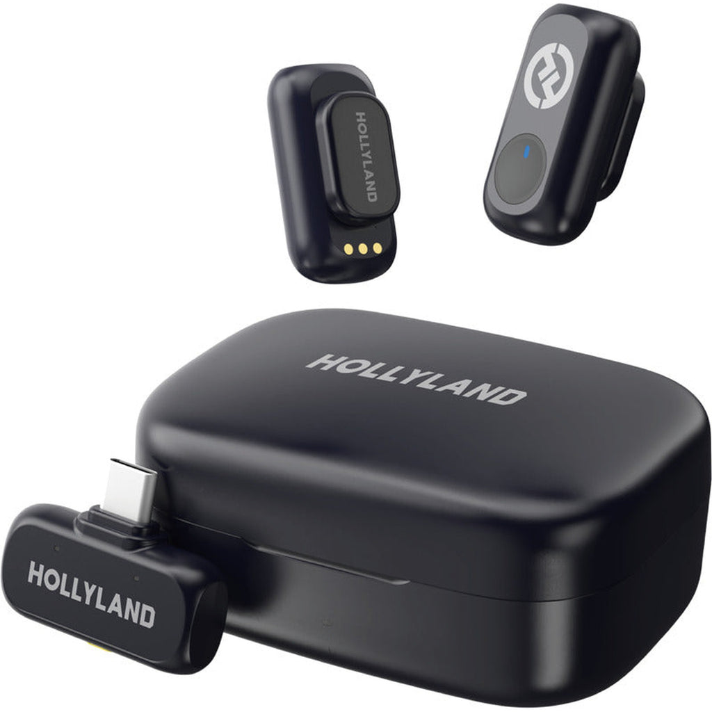 Hollyland Lark A1 Duo creator wireless microphone systems with compact transmitters and receivers for high-quality audio.