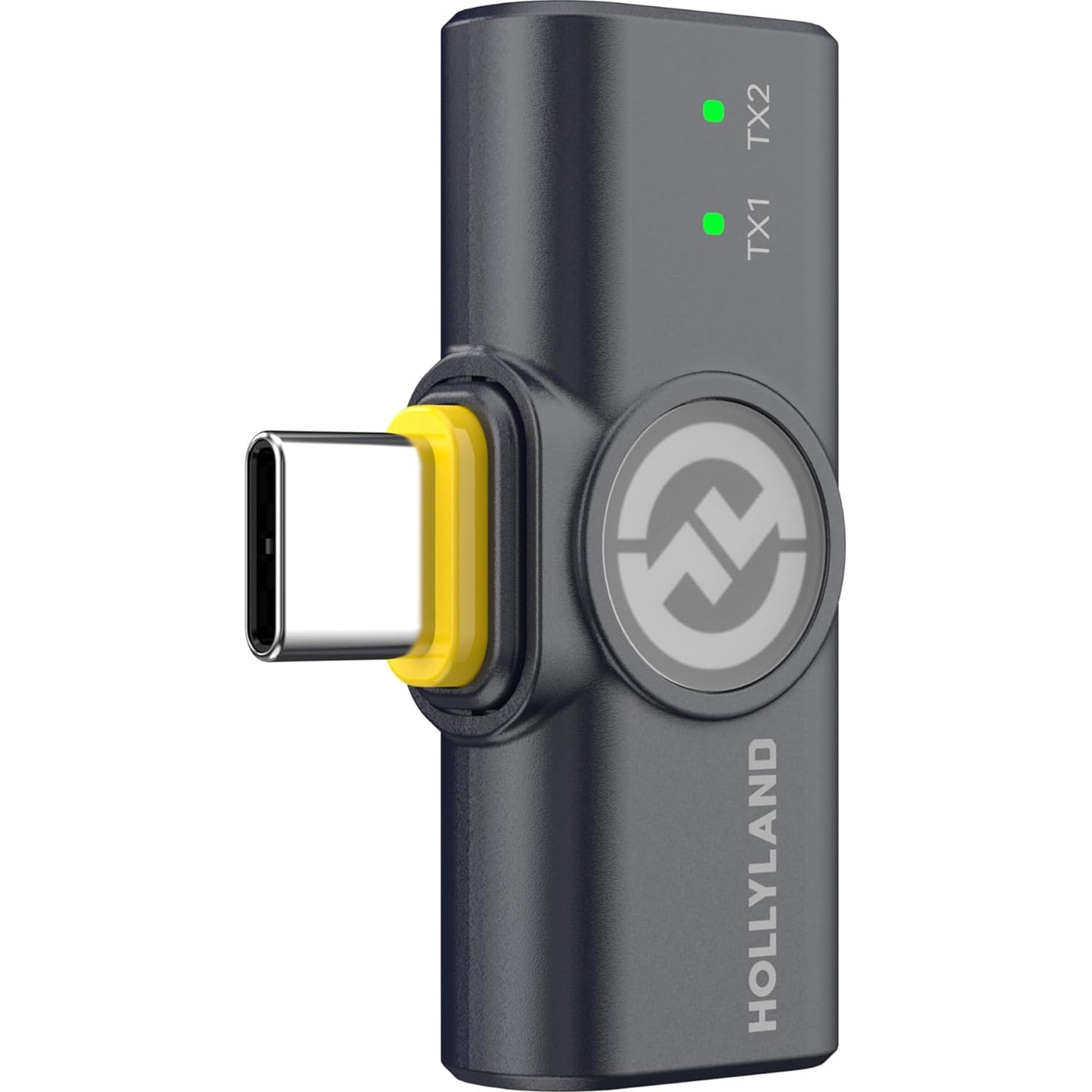 Hollyland Lark M2 USB-C receiver for wireless microphone system, compact device with USB-C port and LED indicator.