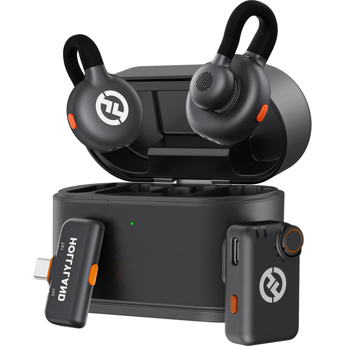 Hollyland Lark M2S Mini Combo wireless microphone system with 2 receiver units, camera and USB-C connections.