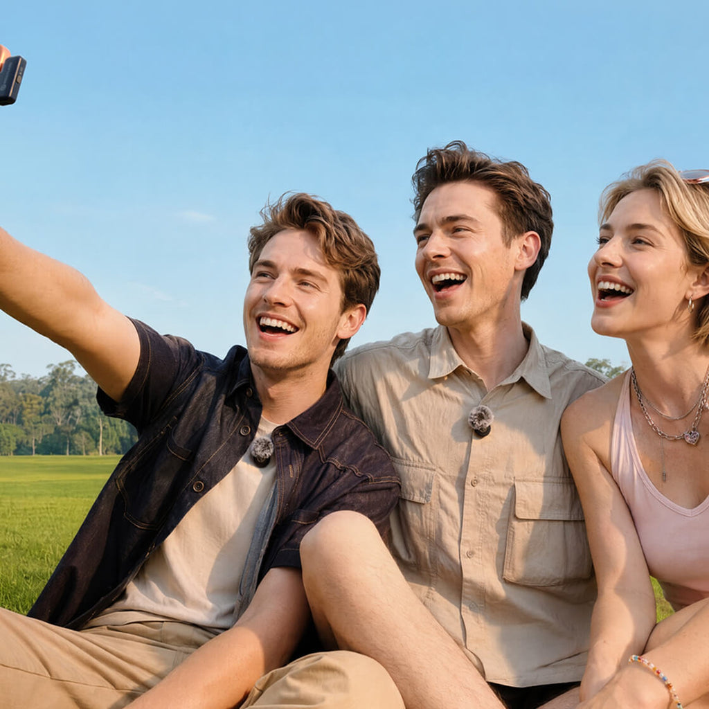 Hollyland Lark M3 transmitters worn by three friends filming a selfie video outdoors