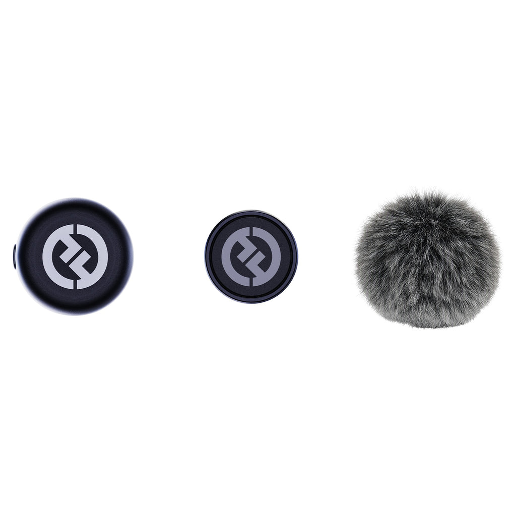 Hollyland Lark M3 transmitter front and back with furry windshield