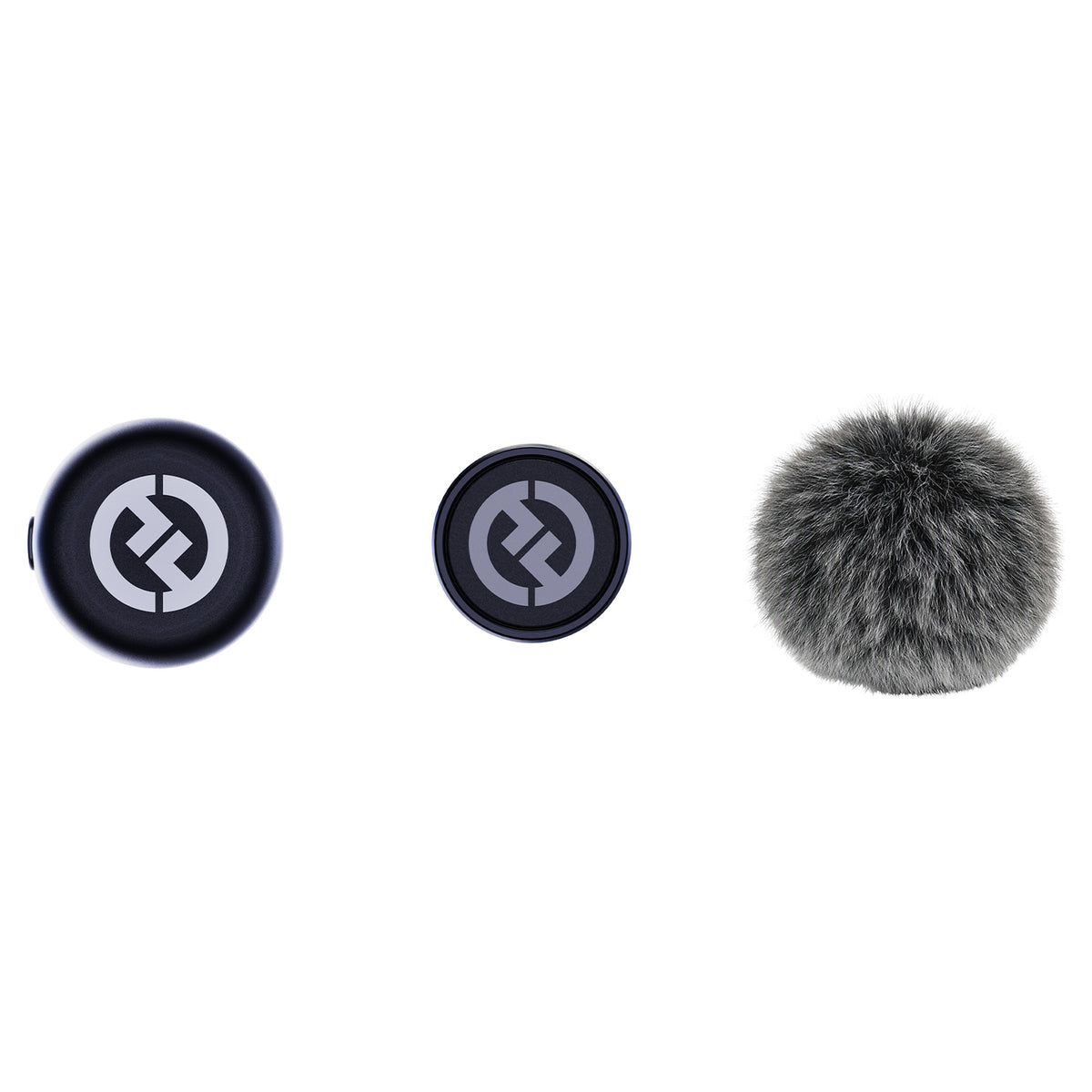 Hollyland Lark M3 transmitter front and back with furry windshield