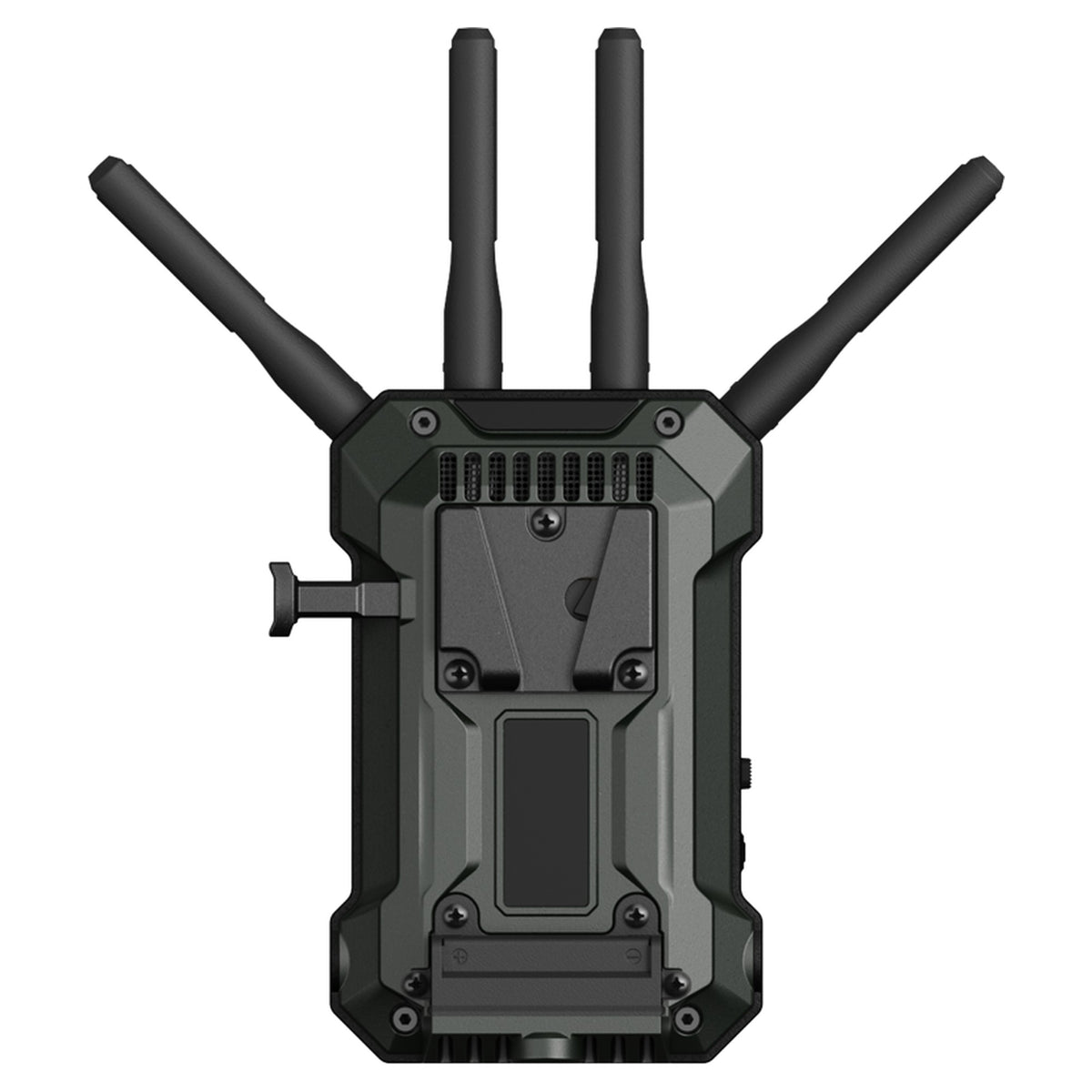 Hollyland Pyro Ultra receiver, rear view with V-mount battery plate