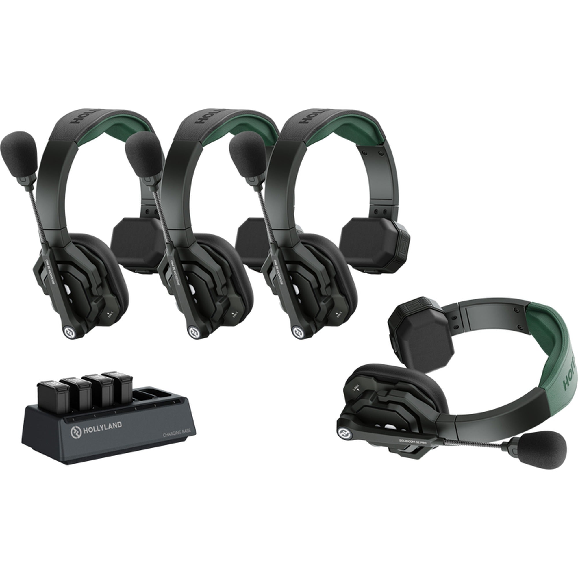 Hollyland Solidcom SE Pro 4-headset wireless intercom system for video production, showing four headsets with microphones.