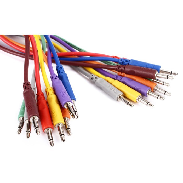 Hosa CMM-830 3.5 mm TS unbalanced patch cables, 0.3m, set of 8, showing connector ends and flexible cable design.