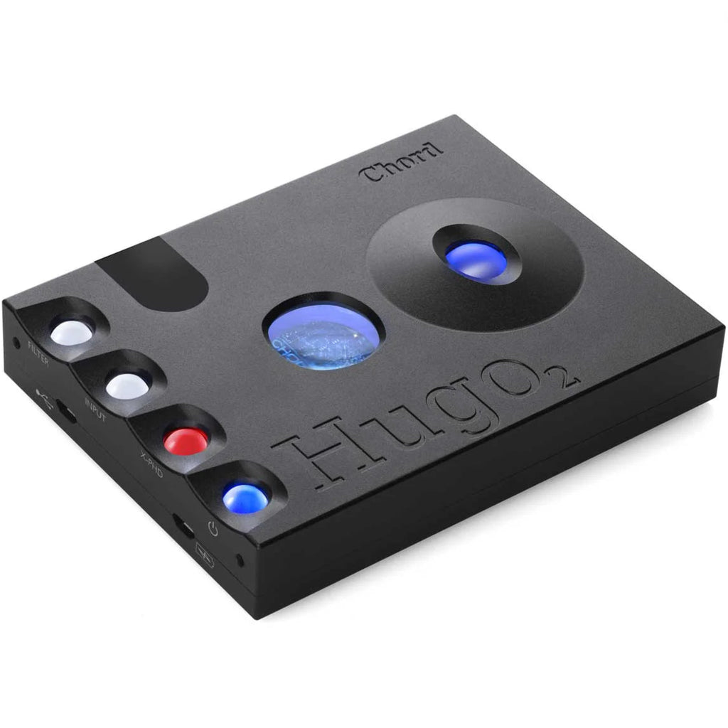Chord Electronics Hugo 2 headphone amplifier and DAC, compact black device with multiple input options and sleek design.