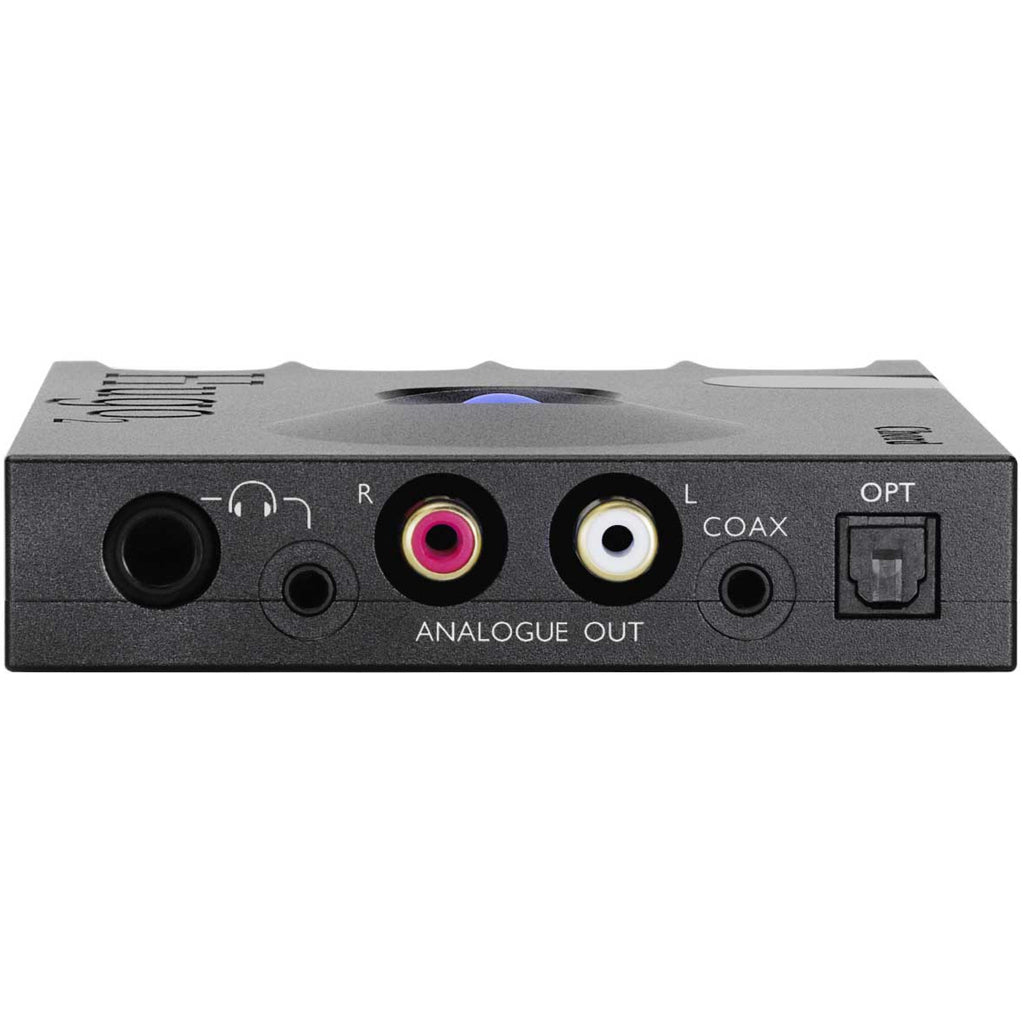 Chord Electronics Hugo 2 headphone amplifier and DAC with sleek design and front panel controls, connected to headphones.