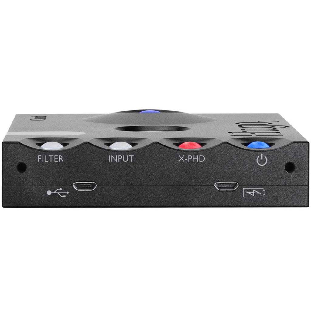 Chord Electronics Hugo 2 headphone amplifier and DAC showing sleek black design with control buttons and display screen.