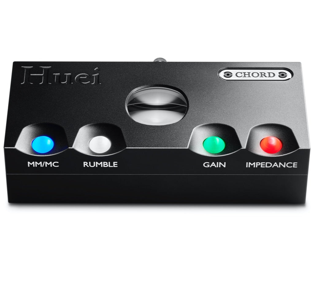 Chord Electronics Huei phono preamp front view showing sleek design and control knobs for high-quality vinyl record playback.