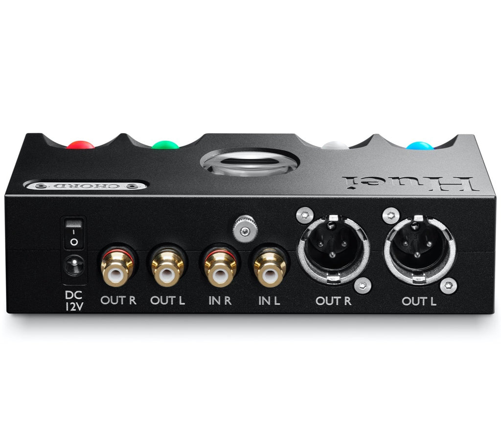 Rear view of Chord Electronics Huei phono preamp showing input and output connections for high-quality vinyl record listening.