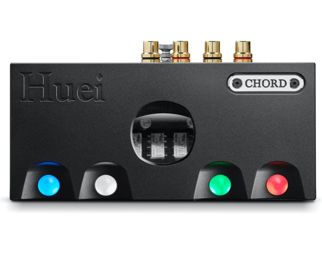 Chord Electronics Huei phono preamp with sleek top panel and control knobs, designed for high-quality vinyl sound.