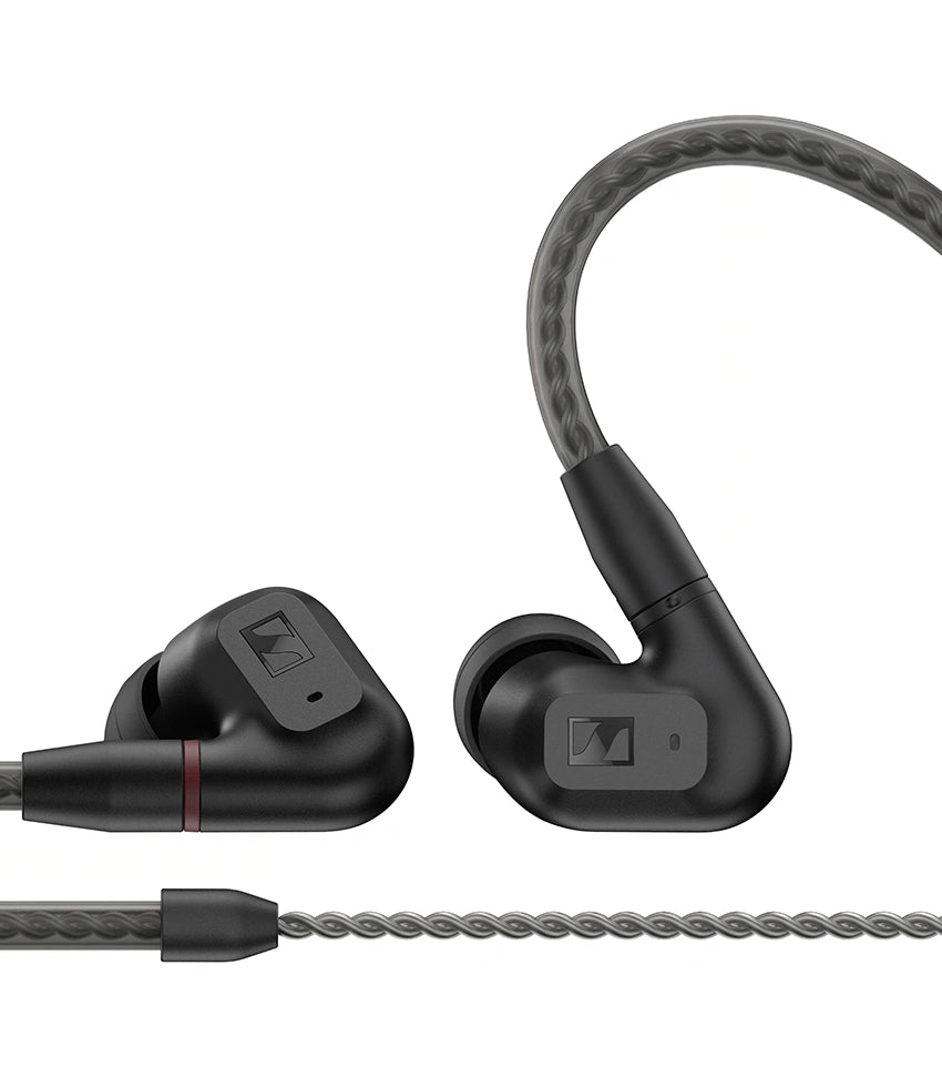 Sennheiser IE 200 wired in-ear headphones with sleek black design and detachable cables, close-up view of the earbuds.