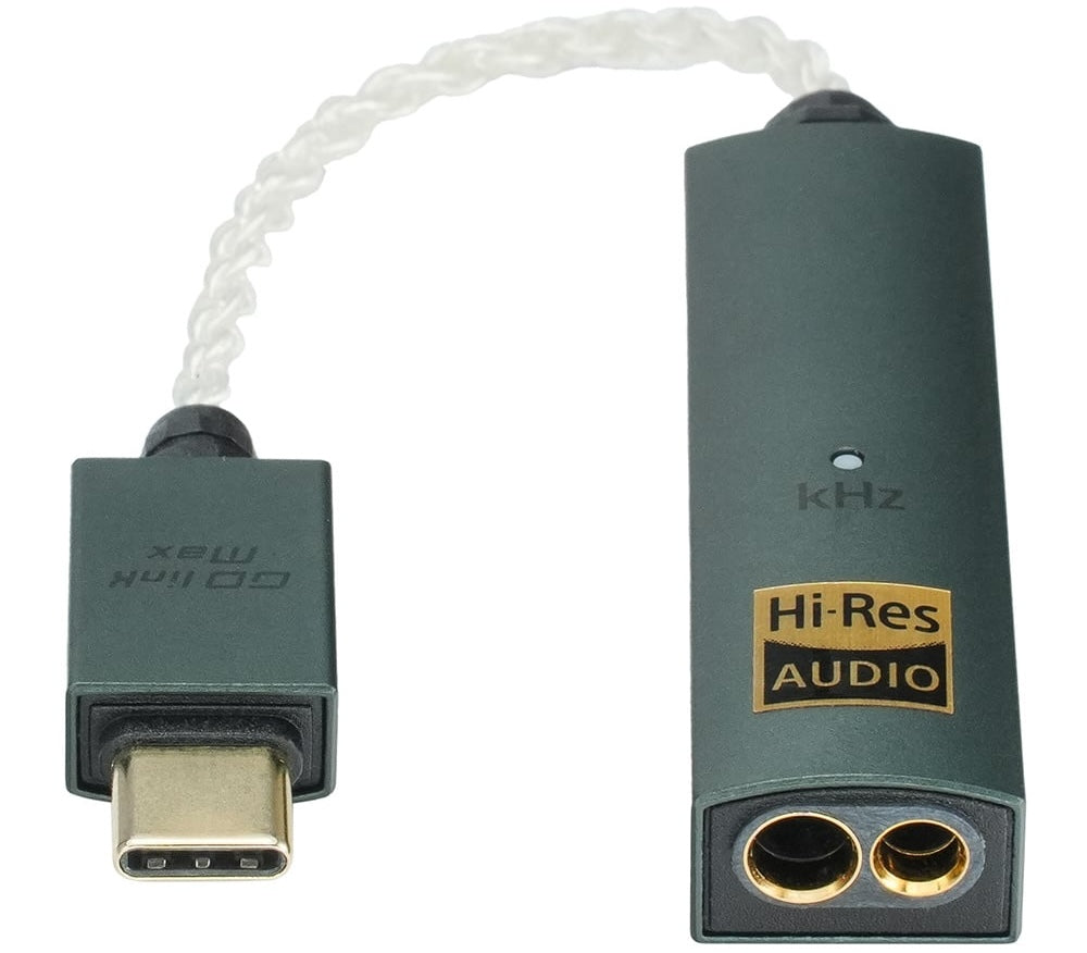 iFi Audio Go Link Max headphone amplifier and DAC connected to a smartphone, showing compact design and input ports.