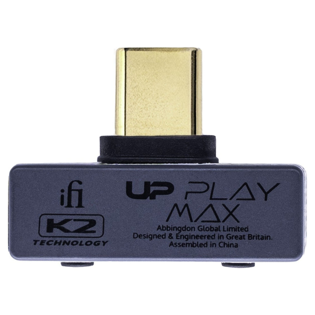 iFi Audio UP Play Max Bluetooth transmitter, rear view with USB-C plug and product label