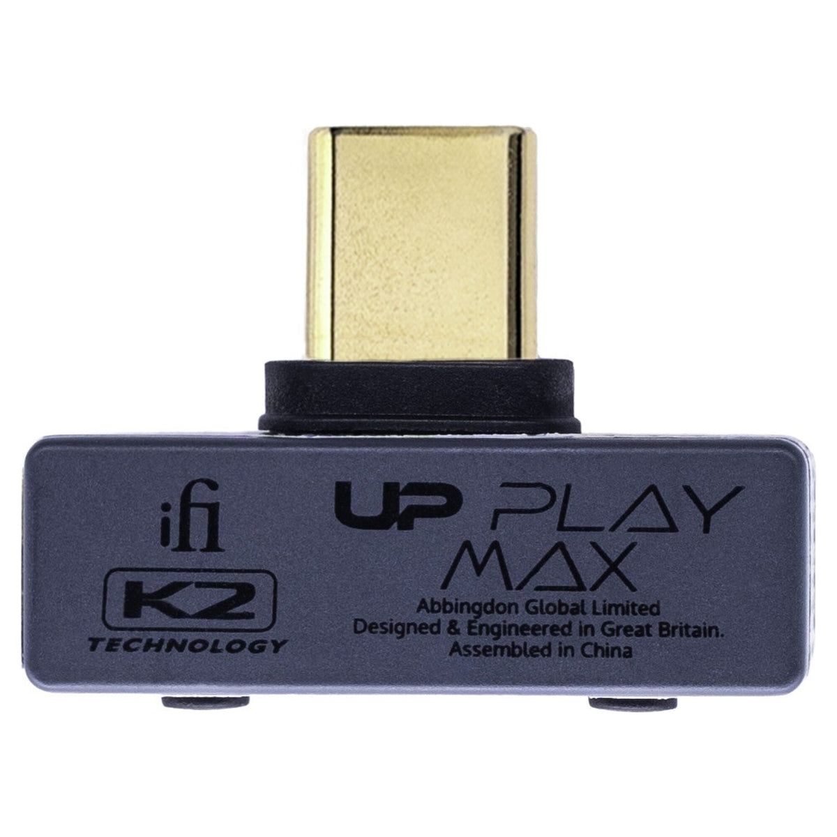 iFi Audio UP Play Max Bluetooth transmitter, rear view with USB-C plug and product label