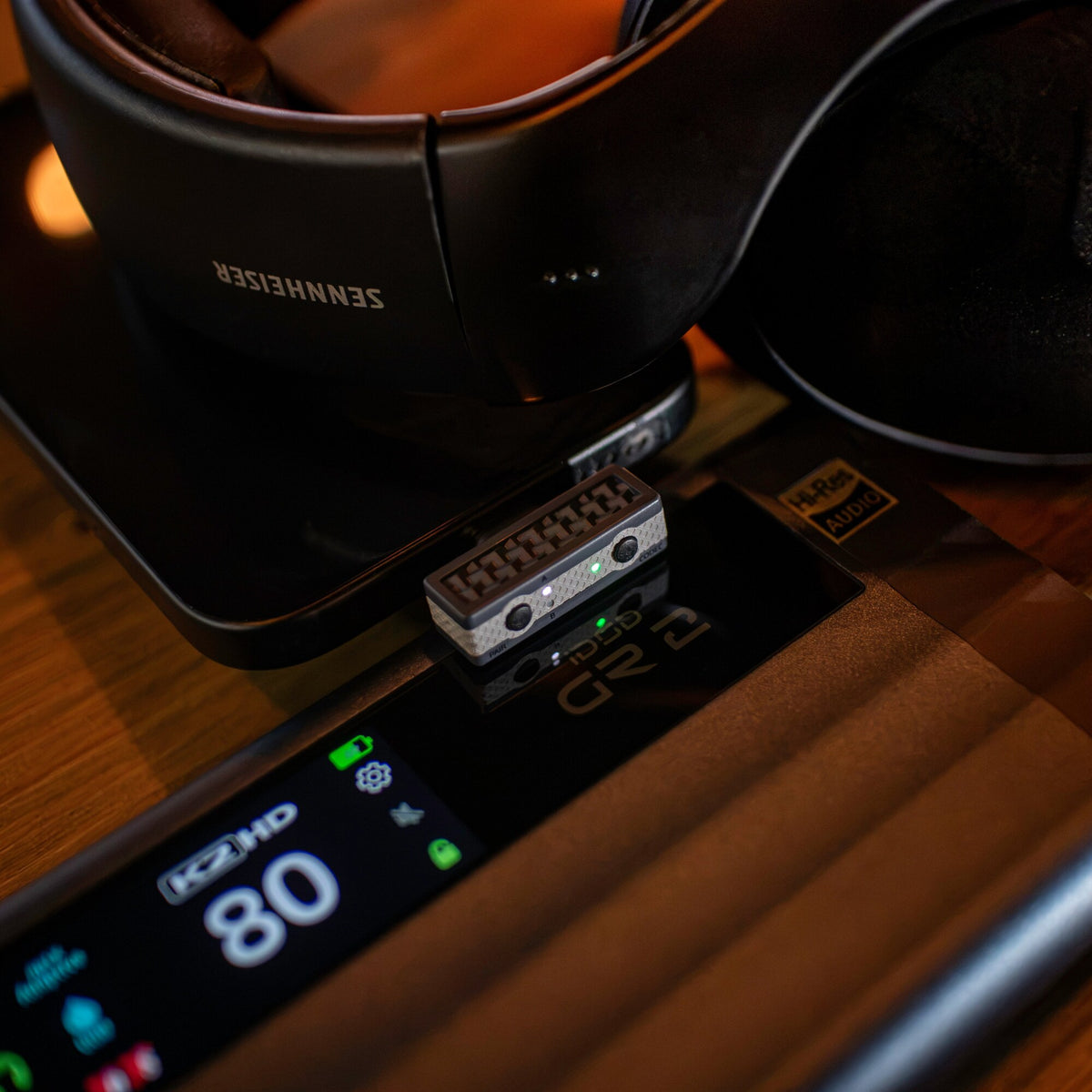 iFi Audio UP Play Max on an iFi iDSD GR 2 next to Sennheiser headphones