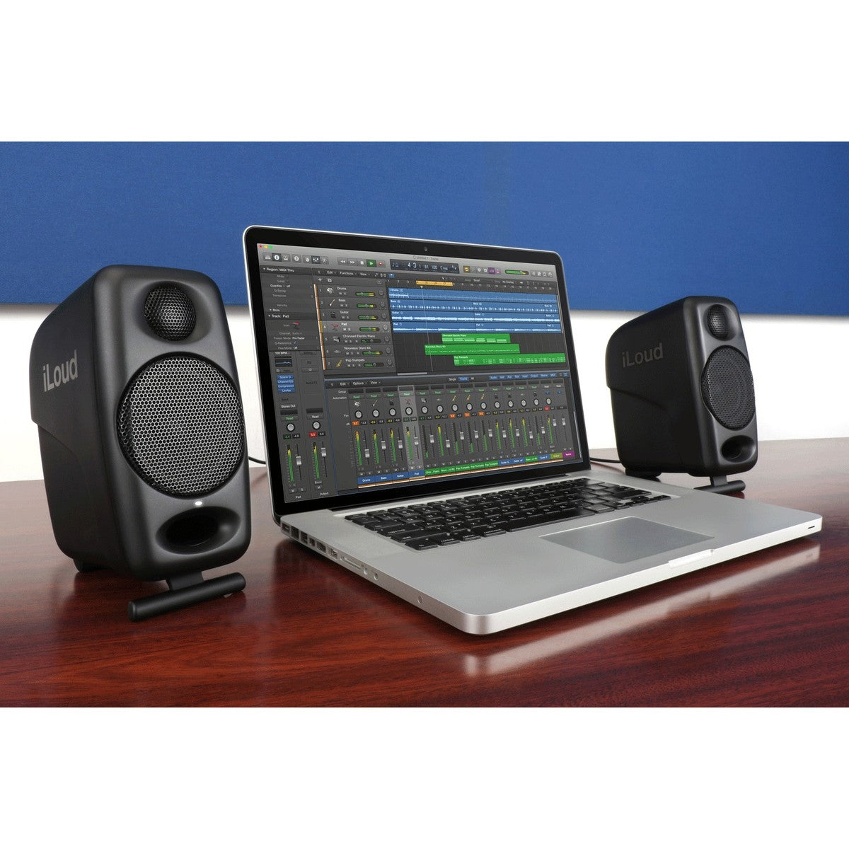 IK Multimedia iLoud Micro Monitors desktop speakers with sleek black finish and compact design for high-quality audio.