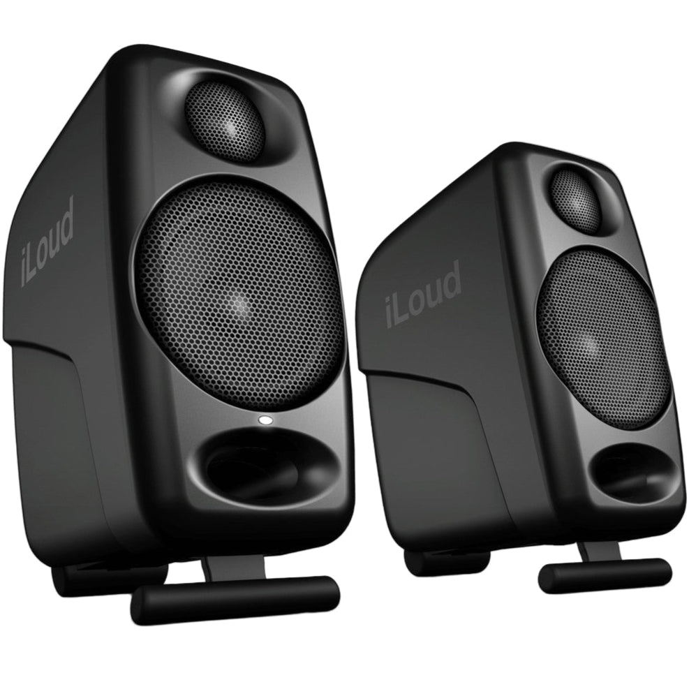 IK Multimedia iLoud Micro monitors, compact desktop speakers with sleek black design, ideal for professional audio monitoring.