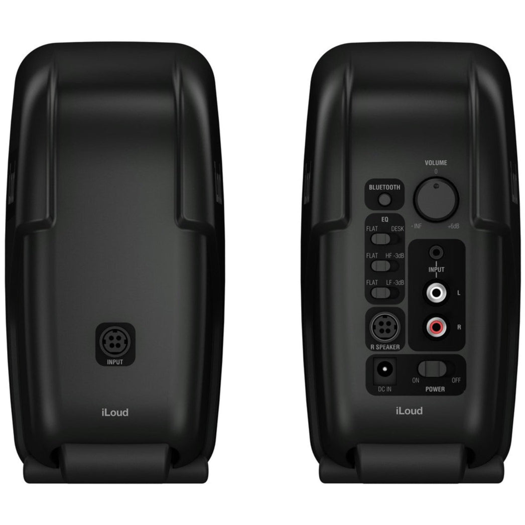 IK Multimedia iLoud Micro Monitors desktop speakers showing compact design with control knobs and speaker grille.