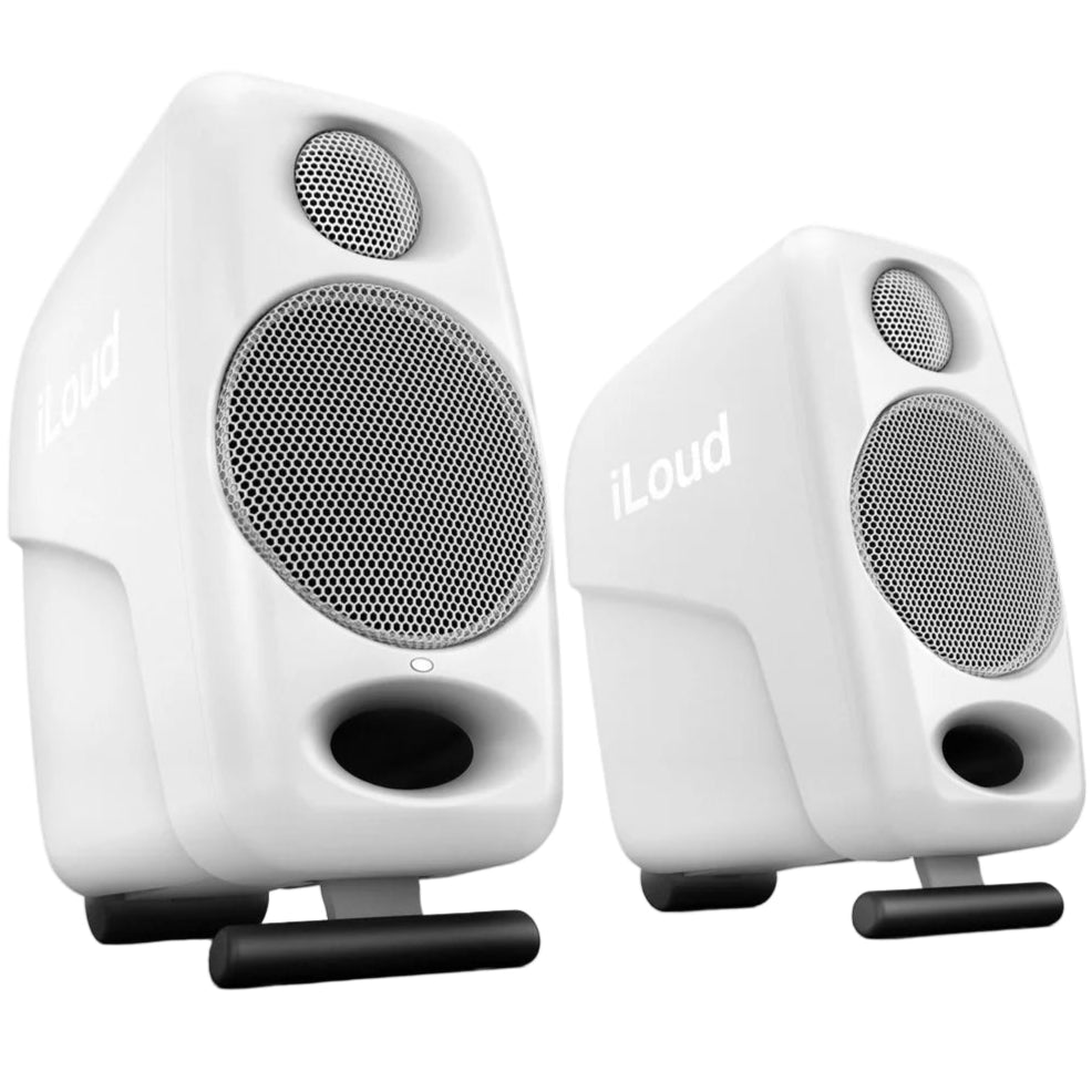 IK Multimedia iLoud Micro Monitors desktop speakers shown in black, compact design ideal for professional audio monitoring.