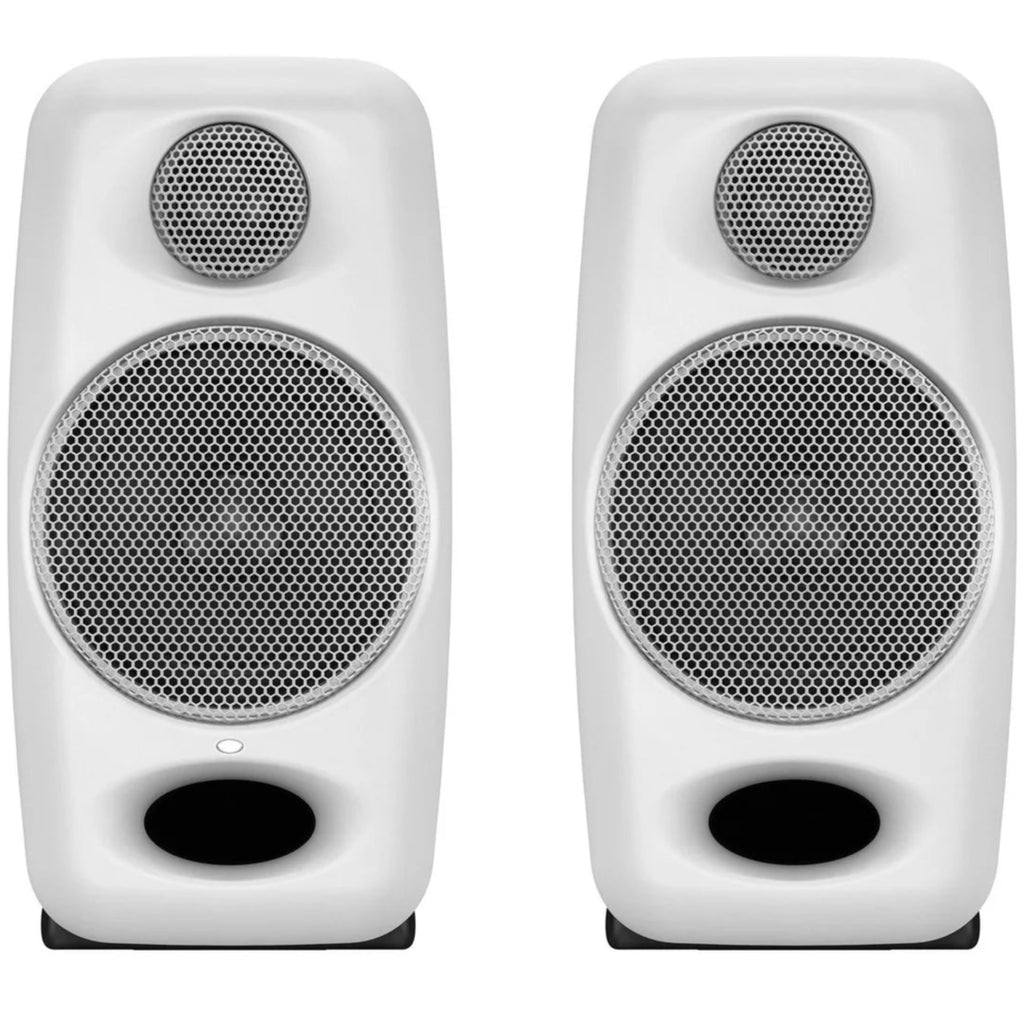 IK Multimedia iLoud Micro desktop speakers showing compact design with black enclosures and control knobs.
